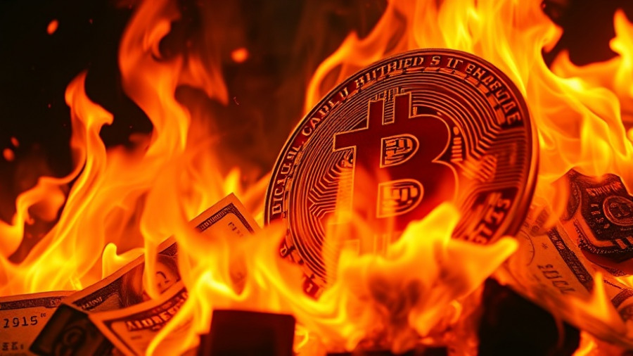 Dramatic illustration of fiat currency burning and Bitcoin symbol for debasement trade analysis.