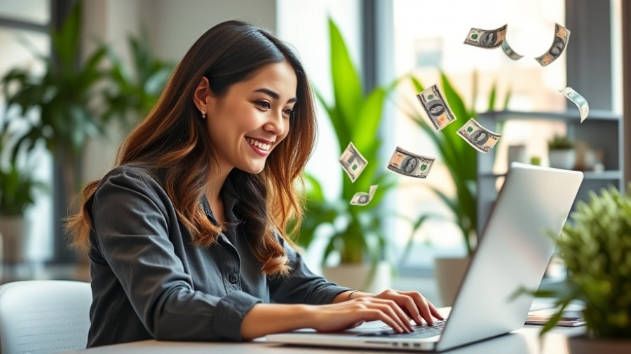 Smiling woman using laptop with floating money, SEO writers using AI.