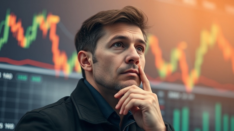 Person analyzing Bitcoin amidst financial charts, thoughtful expression.