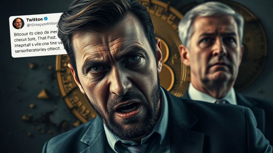 Bitcoin drop chaos with political figure and shocked man, highlighting crypto turbulence.