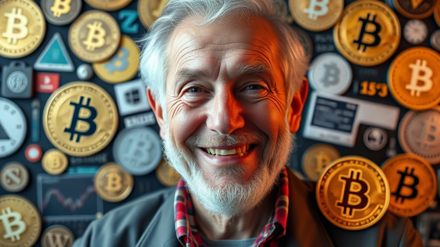 Elderly man with Bitcoin symbols and warning text highlighting Bitcoin value analysis.