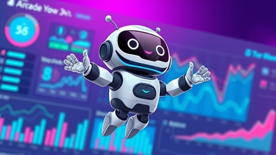 Futuristic robot and digital dashboard illustration with graphs and charts, LLMs.txt file concept.