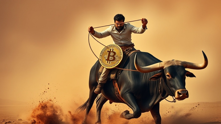 Is the Bitcoin Bull Run Over? Man on bull with bitcoin logo.