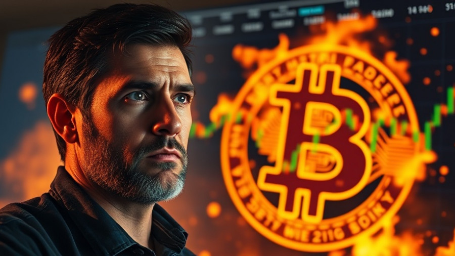 Concerned man with Bitcoin price fluctuations, dramatic background.