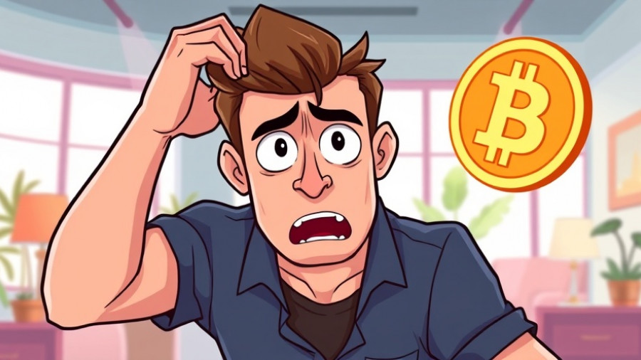 Concerned man reacting to Bitcoin price decline with warning light