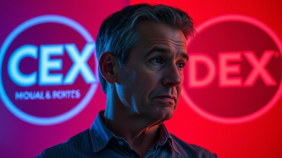 CEX vs DEX analysis by thoughtful man with contrasting logos.