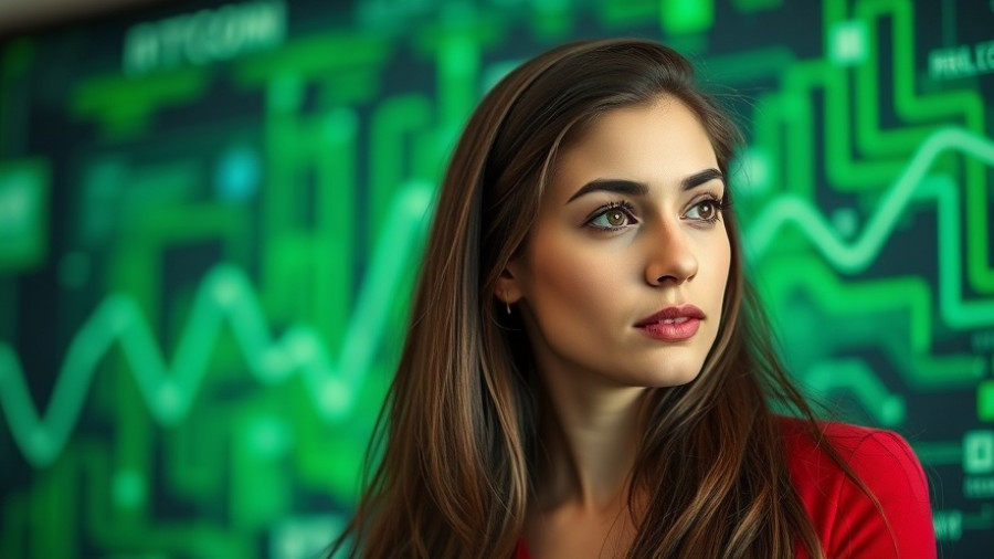 Confident woman discussing crypto career boom in tech-themed setting.