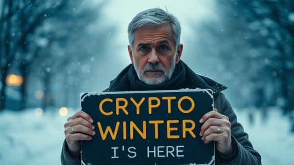 Why Bitcoin is in a Bear Market: Man holding 'Crypto Winter is Here' sign.