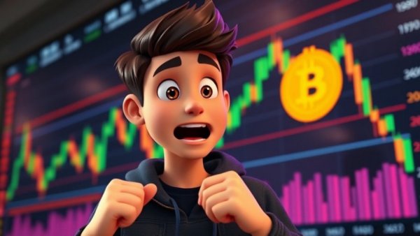 Animated man excitedly highlights Bitcoin price movements on graph.