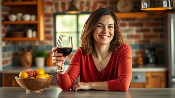 Smiling woman enjoying wine at modern kitchen counter, Kitchen Table Talk Cooking Experience.