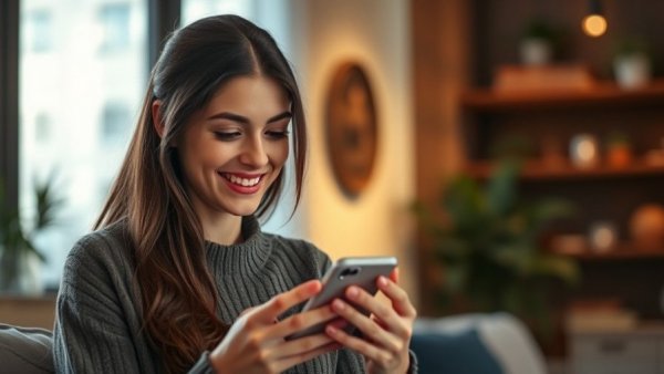 Smiling woman using smartphone for mobile marketing strategies.