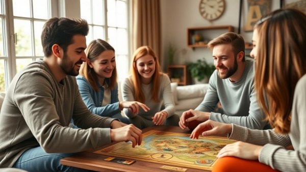 Young adults enjoying Catan board game, showcasing its popularity.