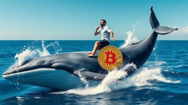 Bitcoin whales buying the dip: man riding a whale with Bitcoin symbol.