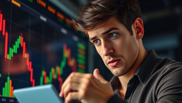 Concerned young man with Bitcoin chart discussing bull trap, Bitcoin's Future.