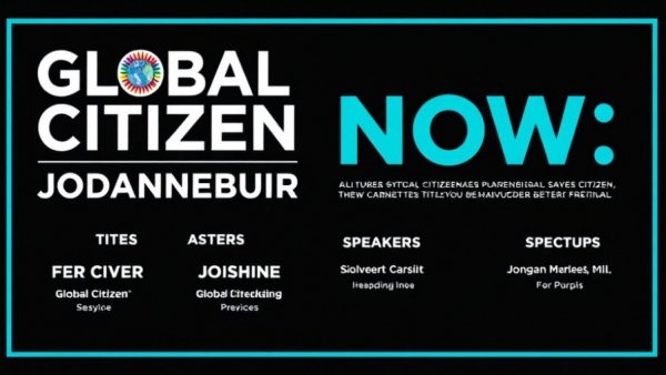 Global Citizen NOW Johannesburg event details and speakers listed on a bold graphic.