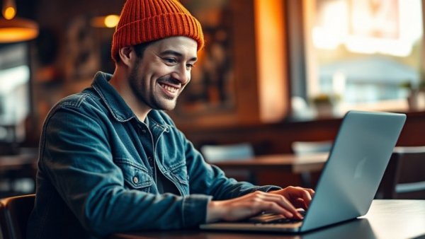 Young man smiling while working on laptop in cozy cafe.