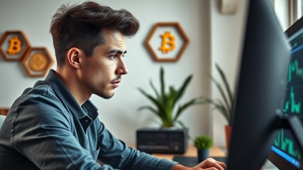 Man selling crypto online in a modern office setting.