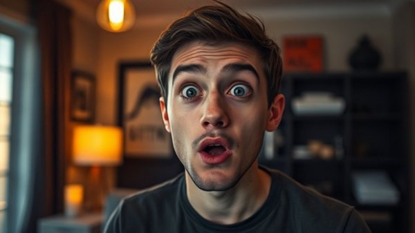 Surprised man with Bitcoin warning in analysis concept.