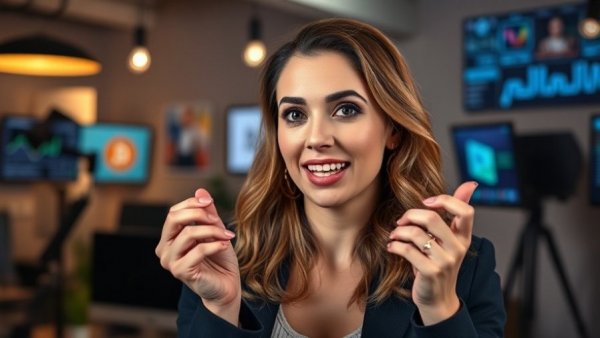 Confident woman in vivid studio talking about New Era of Wealth in Cryptocurrency.