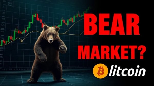 Beginning of bear market depicted with bear, chart, and Bitcoin logo.