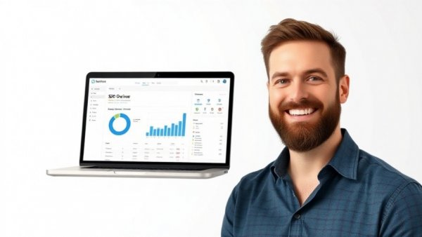 Smiling man with beard next to a laptop displaying SEO review dashboard, Search Atlas Otto SEO Review.