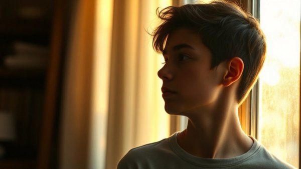 Young person contemplating anxiety management strategies by a sunlit window.