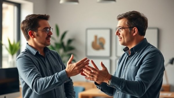 Two men discussing bullying and mental health in a modern office.