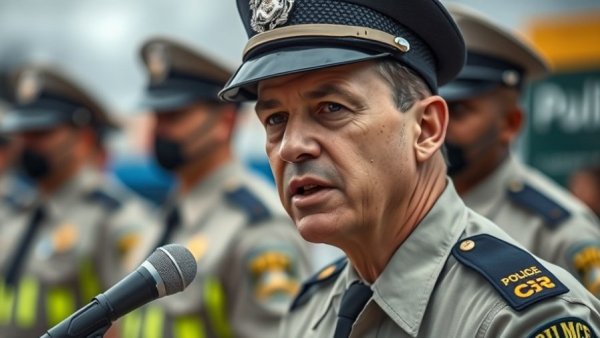 Police officer speaking at outdoor event; Mkhwanazi assisted cleaning murder scene.