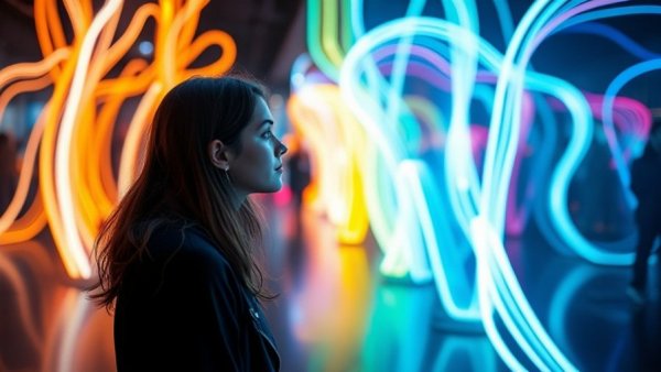 Digital installation of flowing lights, woman observing interactive display.
