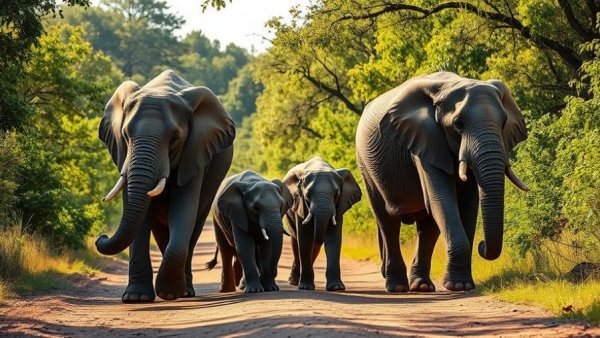 Elephant family walking together on a dirt path, kindness and mental health representation.