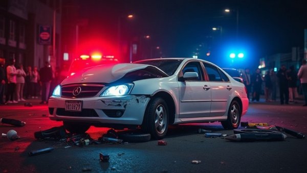 Scene of the Delhi red fort bomb blast with damaged car and emergency lights
