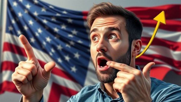 Bitcoin Analysis graphic with man pointing at Bitcoin symbol, American flag.