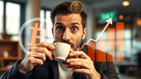 Surprised man with Bitcoin rising alert illustration.