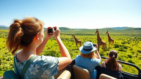 Young woman capturing giraffes on an African safari, luxury experience.