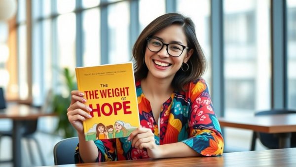 Woman holding book 'The Weight of Hope' in office, practical tips for charities.