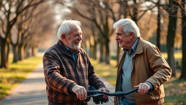 Two elderly men greeting each other kindly near a bicycle in a park.