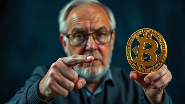 Older man pointing at a fixed Bitcoin symbol with text overlay, Bitcoin theme.