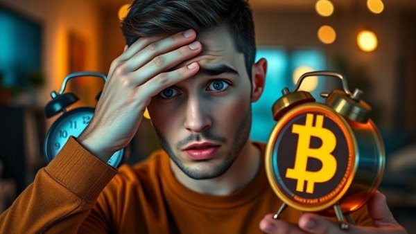 Concerned young man with Bitcoin symbol; urgent expression.