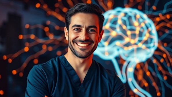 Illustration of stimulating facial muscles with a neural graphic and smiling man in scrubs.