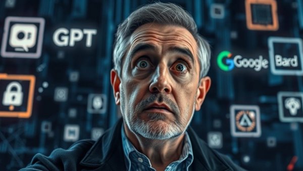Surprised man amidst AI logos, pondering tech trends.