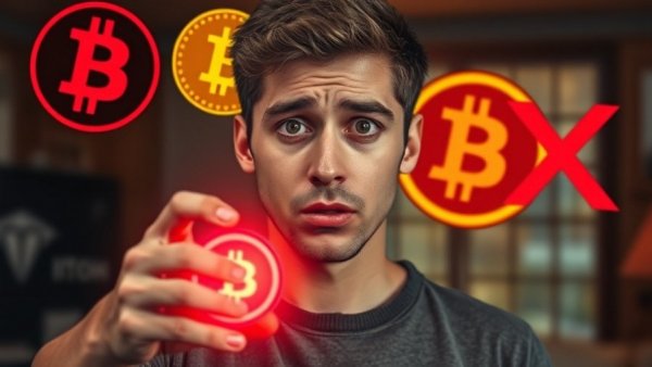 Young man expressing concern with Bitcoin symbol and alarm light, discussing Bitcoin Market Strategies.