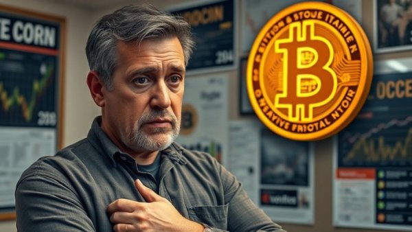 Concerned man with a Bitcoin sign, economic theme.