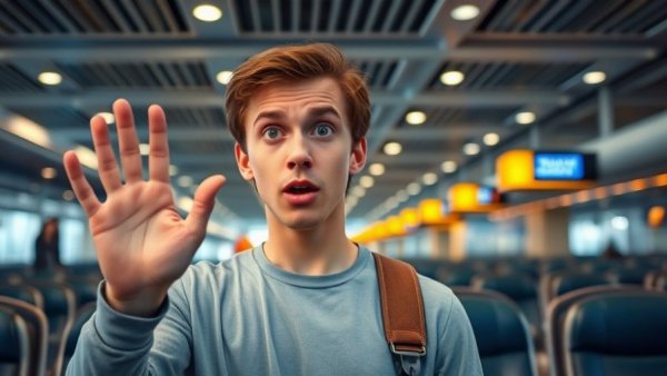 Young man in airport looking surprised, discussing Bitcoin Falling Wedge Trading.
