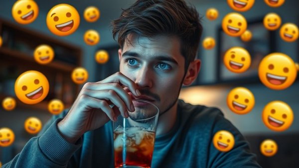 Bitcoin price implications with man sipping drink and emojis.