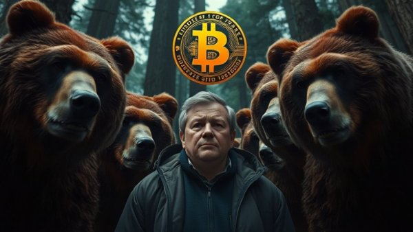 Concerned man with bears and Bitcoin symbol, dramatic scene.