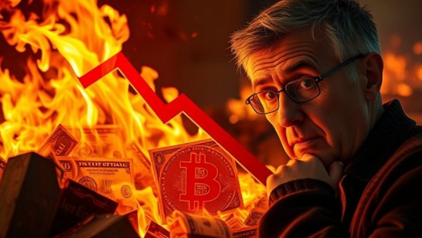 Will The Bitcoin & Crypto Crash End: concerned individual with red arrow, flames, Bitcoin.