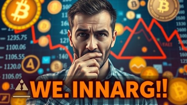 Crypto market crash warning with concerned man looking worried.