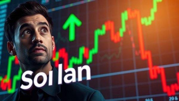 Solana analysis with logo and dynamic stock chart background.