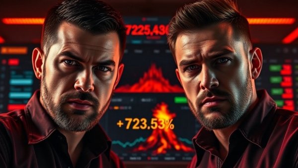 Shorting Bitcoin trading success concept with two men and profit percentage.