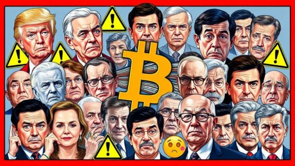 Collage of figures and Bitcoin symbol, colorful illustration.